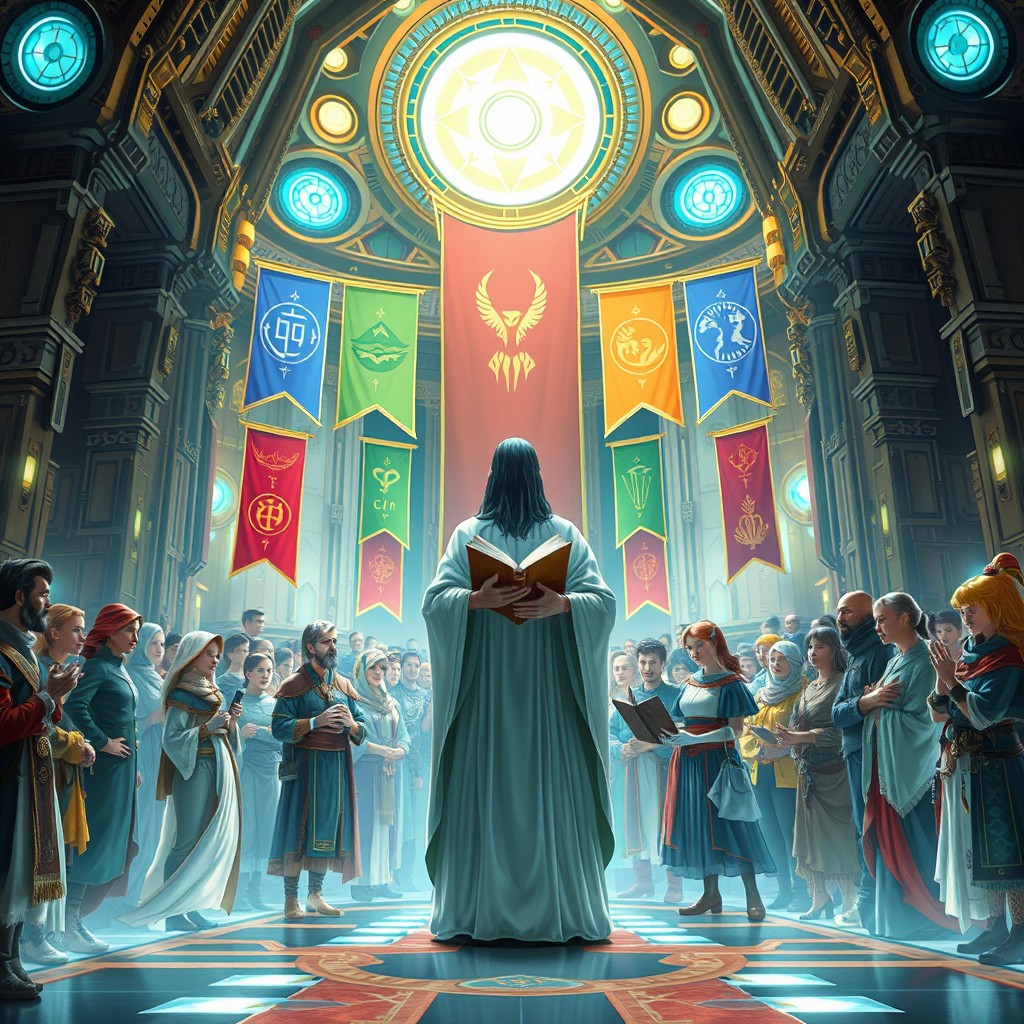 A futuristic or a fantastical scene depicting an orthozoks confirmation ceremony