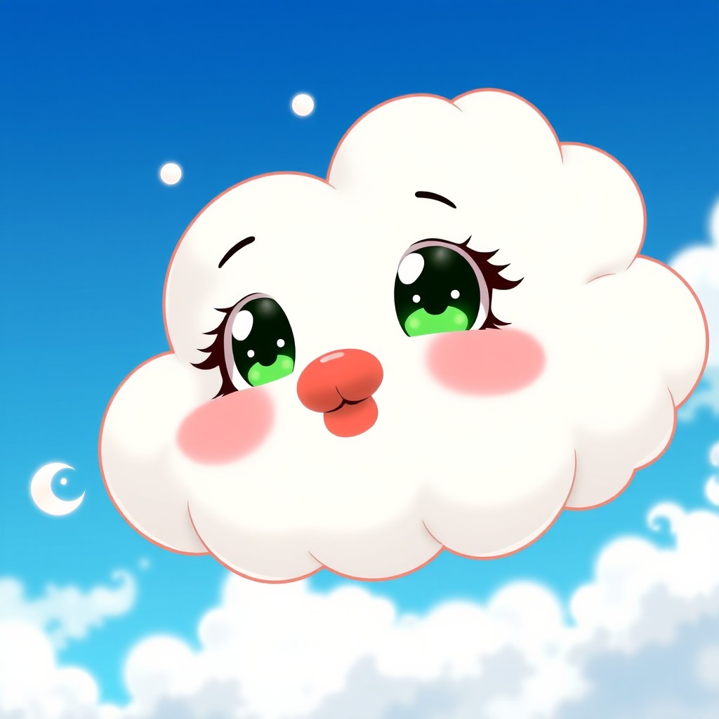An adorable anime cloud character with large, deep green eyes and plump red lips, depicted as if it's kissing