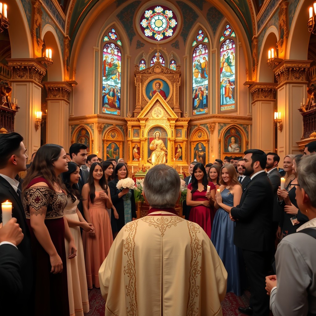 A dynamic and uplifting confirmation scene within an Orthodox church, showcasing a group of young adults dressed in elegant traditional garments