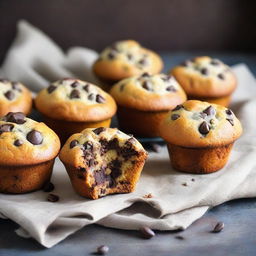 A traditional muffin generously dotted with rich chocolate chips, fresh out from the oven, with a golden brown, perfectly risen top.