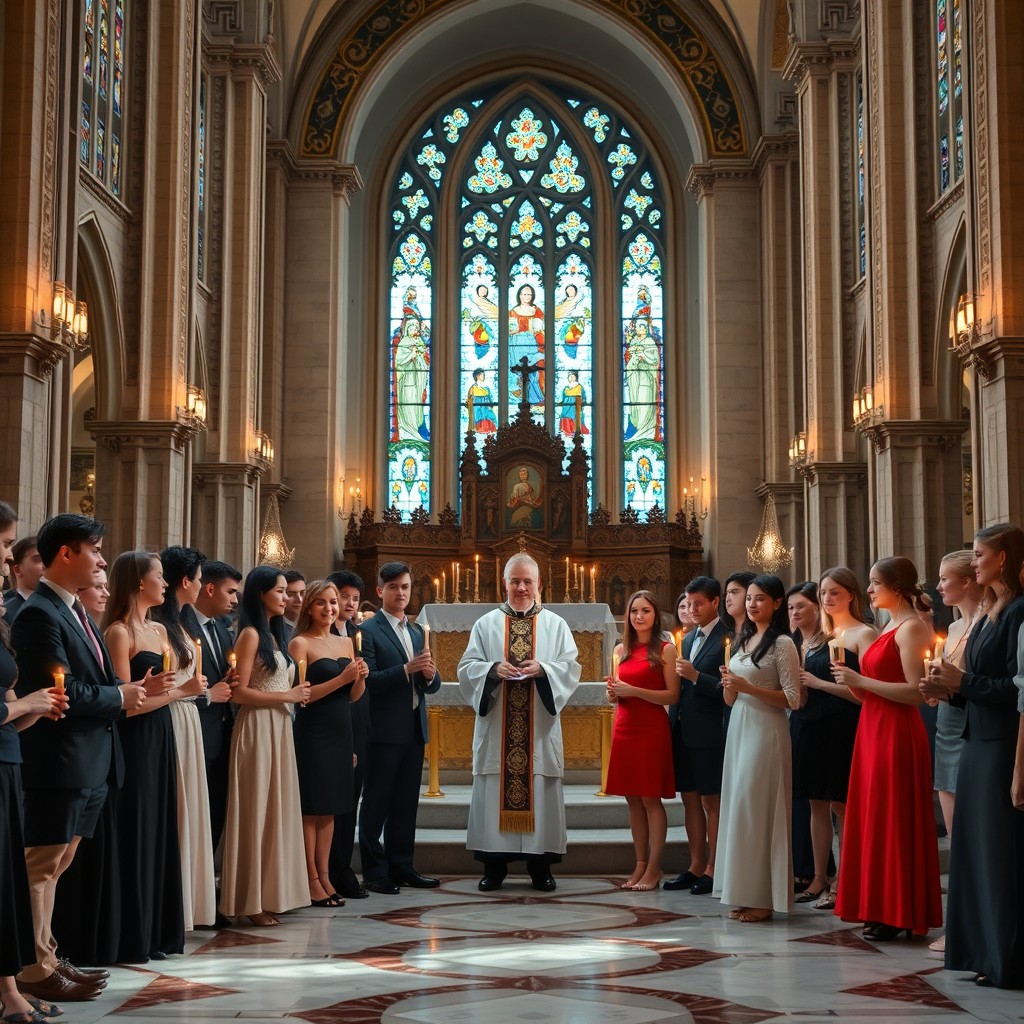 An orthozoks confirmation scene set in a grand, beautifully illuminated church with high ceilings and intricate stained glass windows