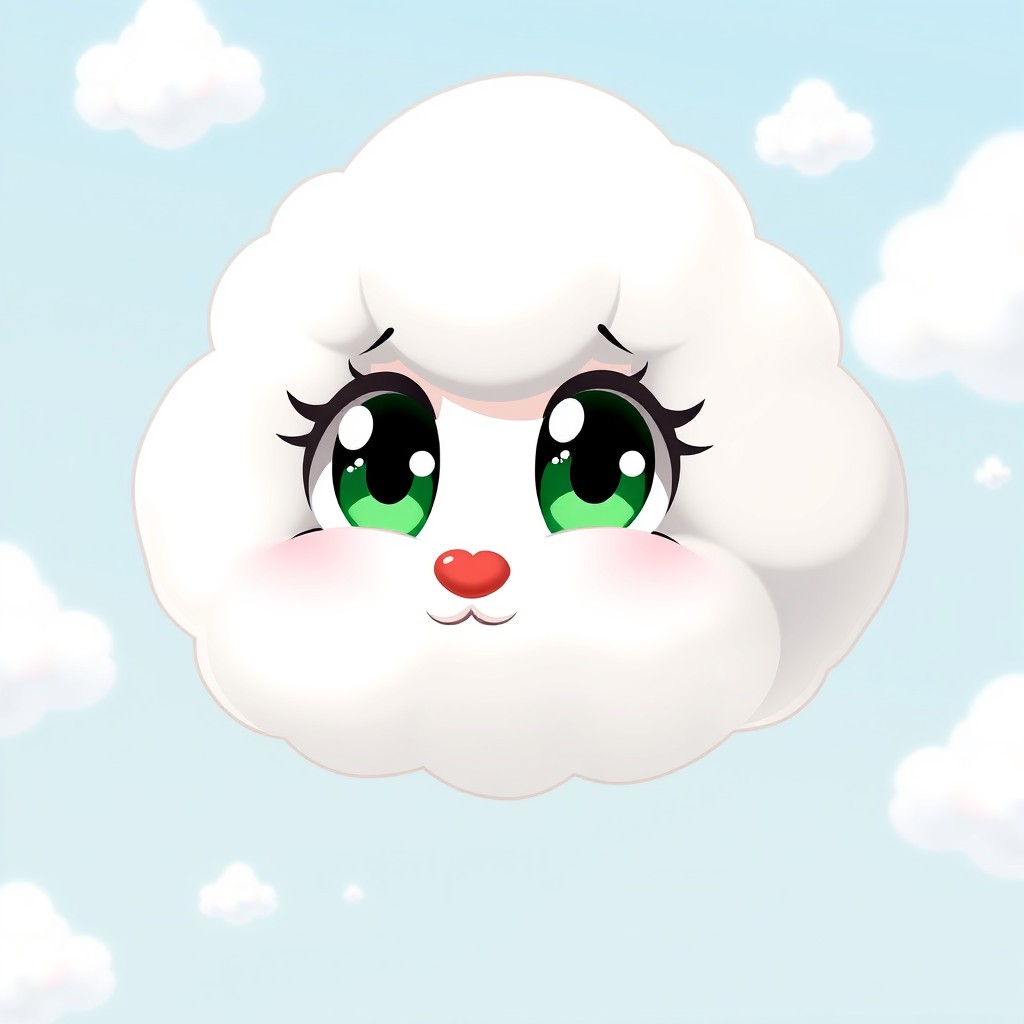 An anime-style cloud character with a fluffy, whimsical appearance, featuring large, deep green eyes that sparkle with a sense of wonder