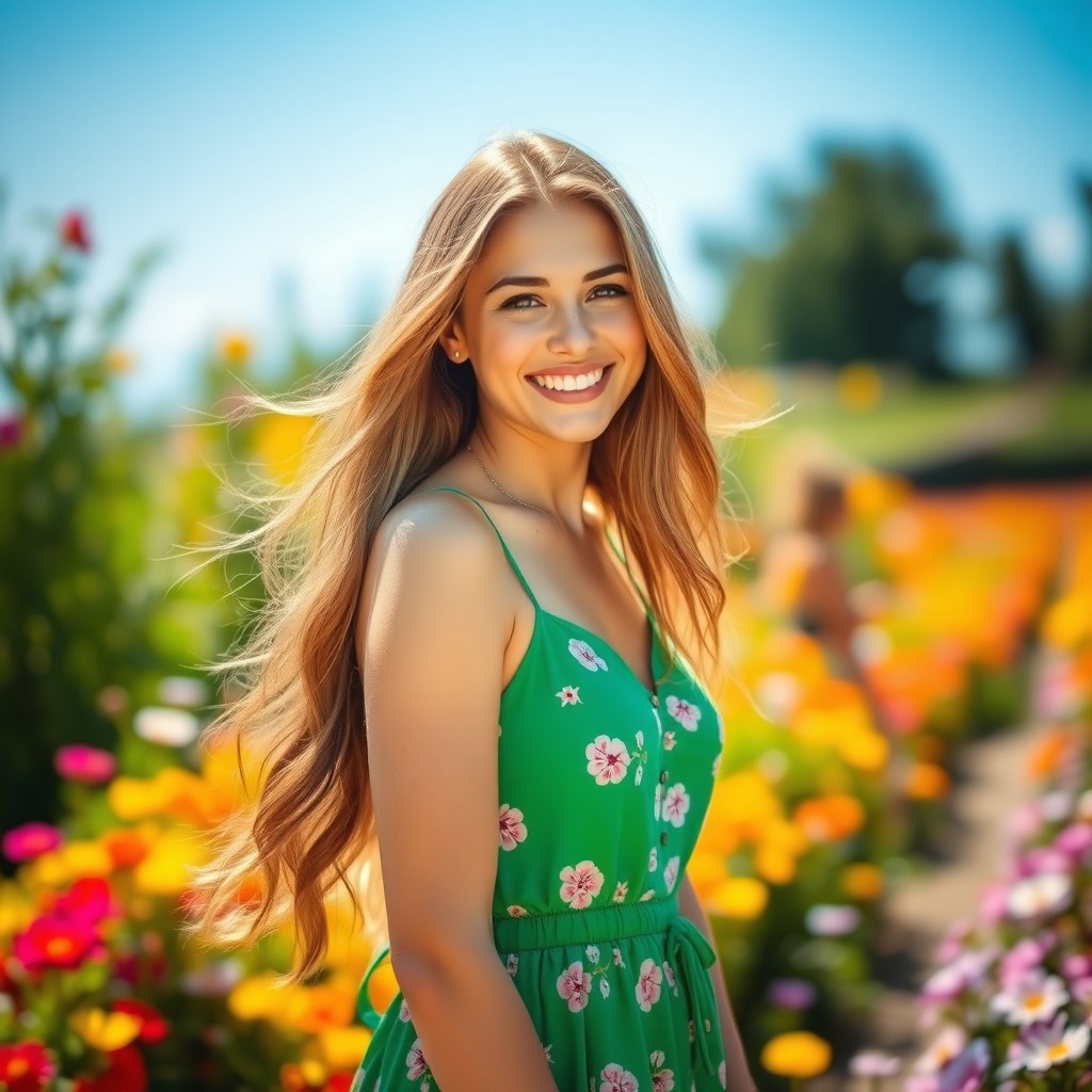 A beautiful young woman with long, flowing hair, wearing a stylish summer dress