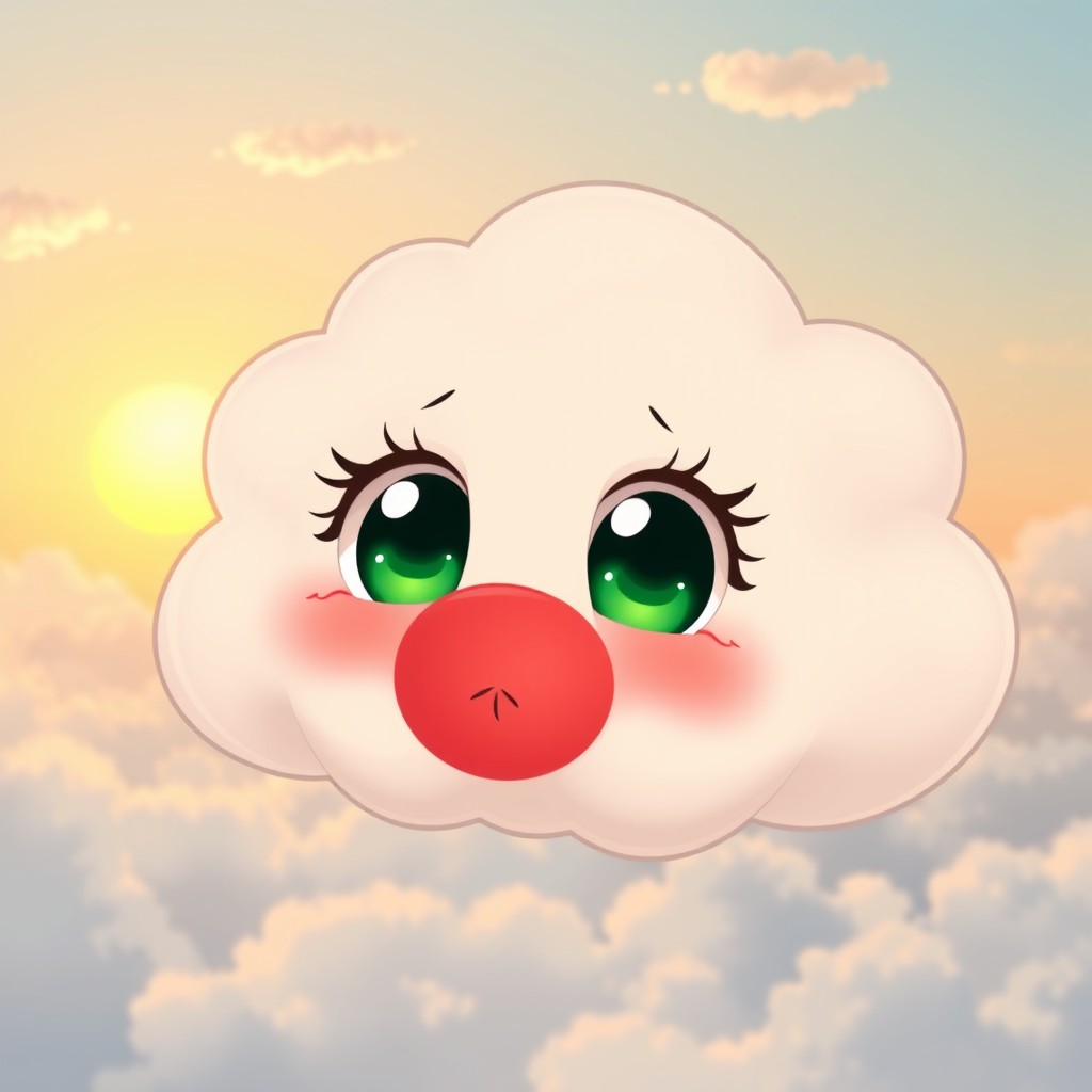 A whimsical anime-style cloud character with large, deep green eyes and plump red lips, forming a kissing expression