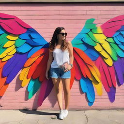 Vibrant, colorful wings mural on a wall, perfect for standing in front of and taking a selfie.