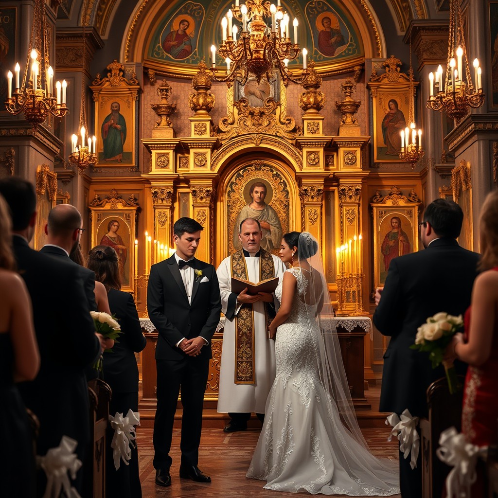 An Orthodox matrimony photo depicting a beautiful wedding scene, featuring a groom in a traditional black tuxedo and a bride in an elegant white gown with lace and intricate beading