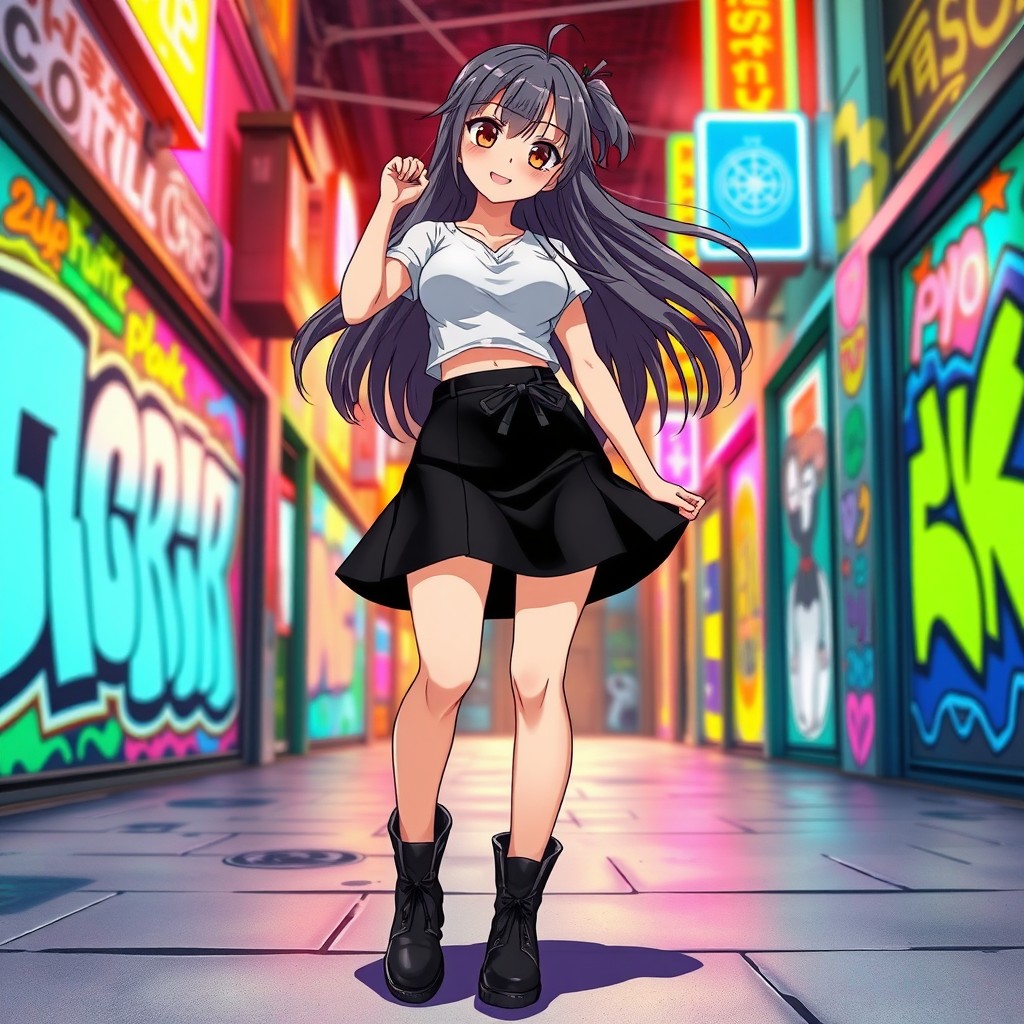 An anime girl with a stylish short black skirt, standing confidently and playfully