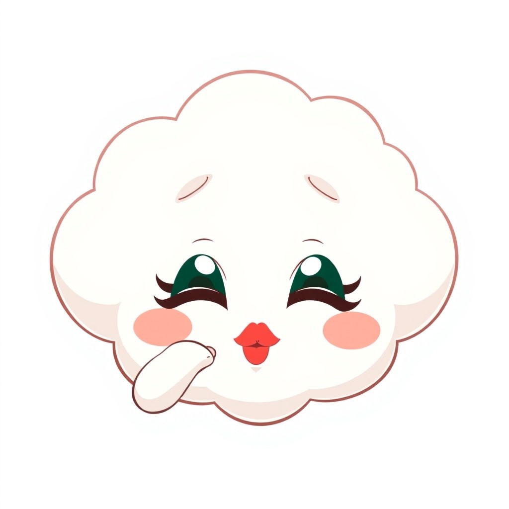 A whimsical anime-style cloud character with big deep green eyes and plump red lips, striking a playful pose as if it's blowing a kiss
