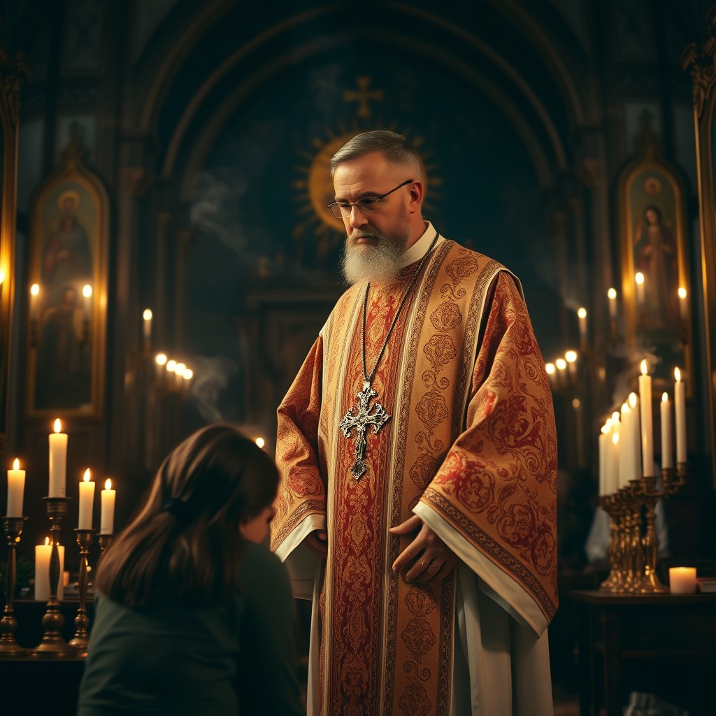 An Orthodox Christian penance scene, featuring a solemn priest in traditional vestments, including a richly embroidered chasuble and a pectoral cross