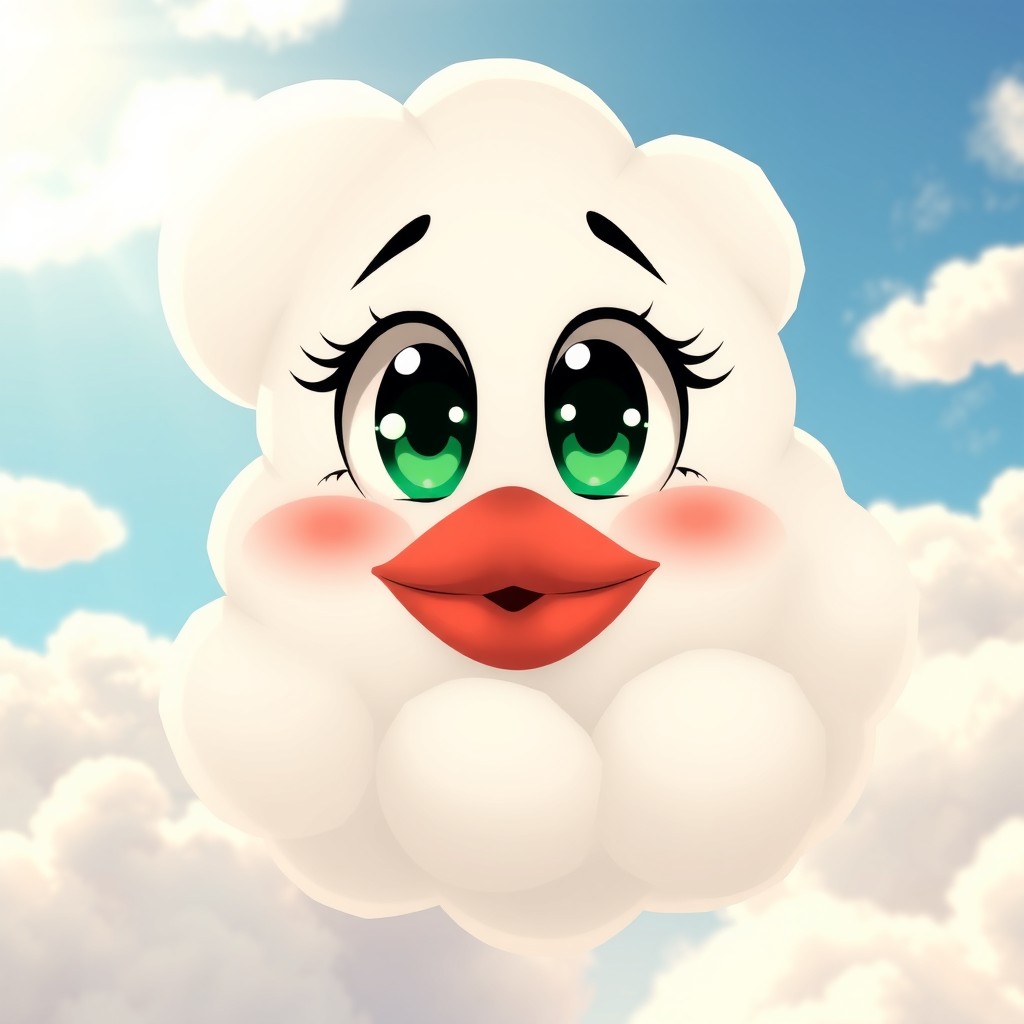 An anime-style cloud character with big, deep green eyes and a mouth featuring plump red lips, in a cute and whimsical design