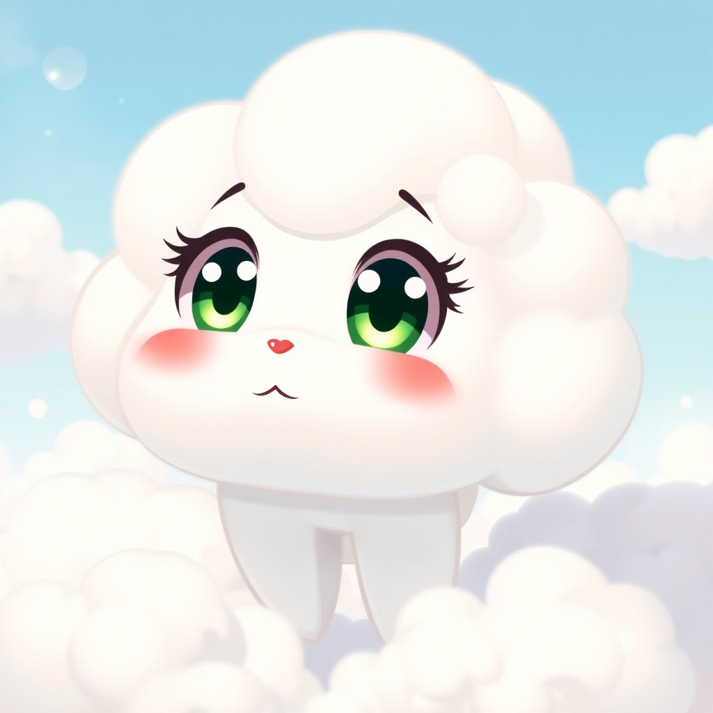 An adorable anime-style cloud character with a fluffy, white, and soft body