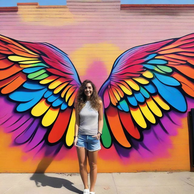 Vibrant, colorful wings mural on a wall, perfect for standing in front of and taking a selfie.