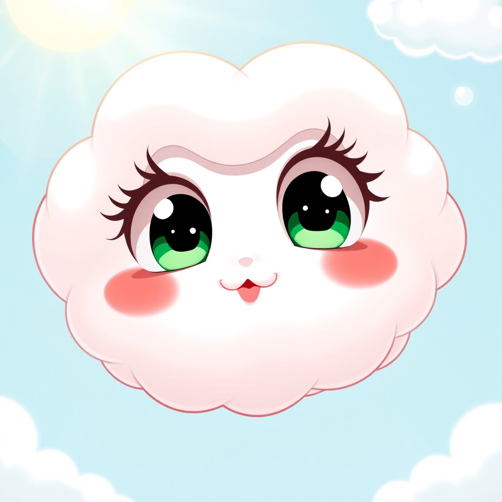A cute anime-style cloud character, featuring big, deep green eyes that shine with personality