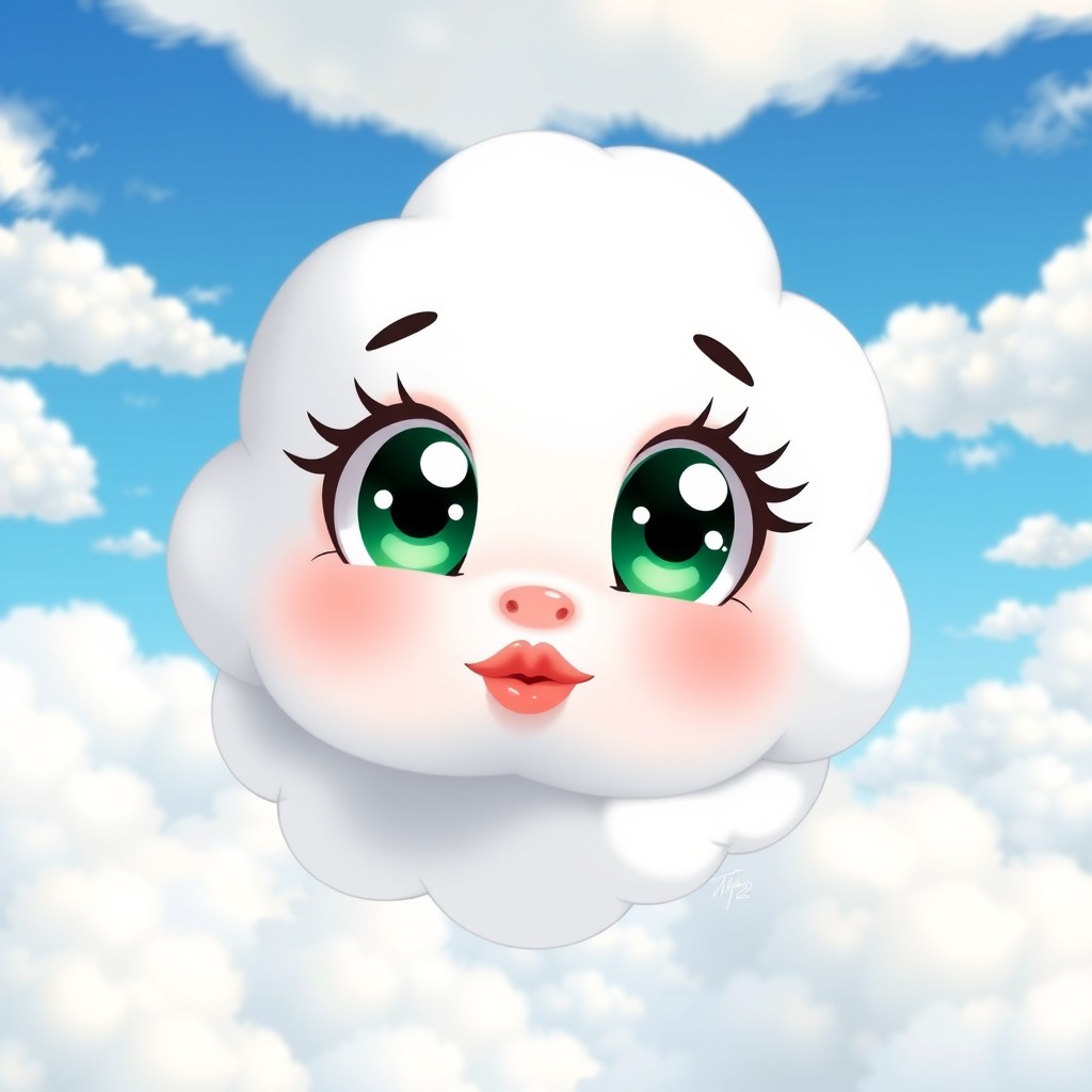 An adorable anime-style cloud character with big, deep green eyes and plump red lips in a kissing pose