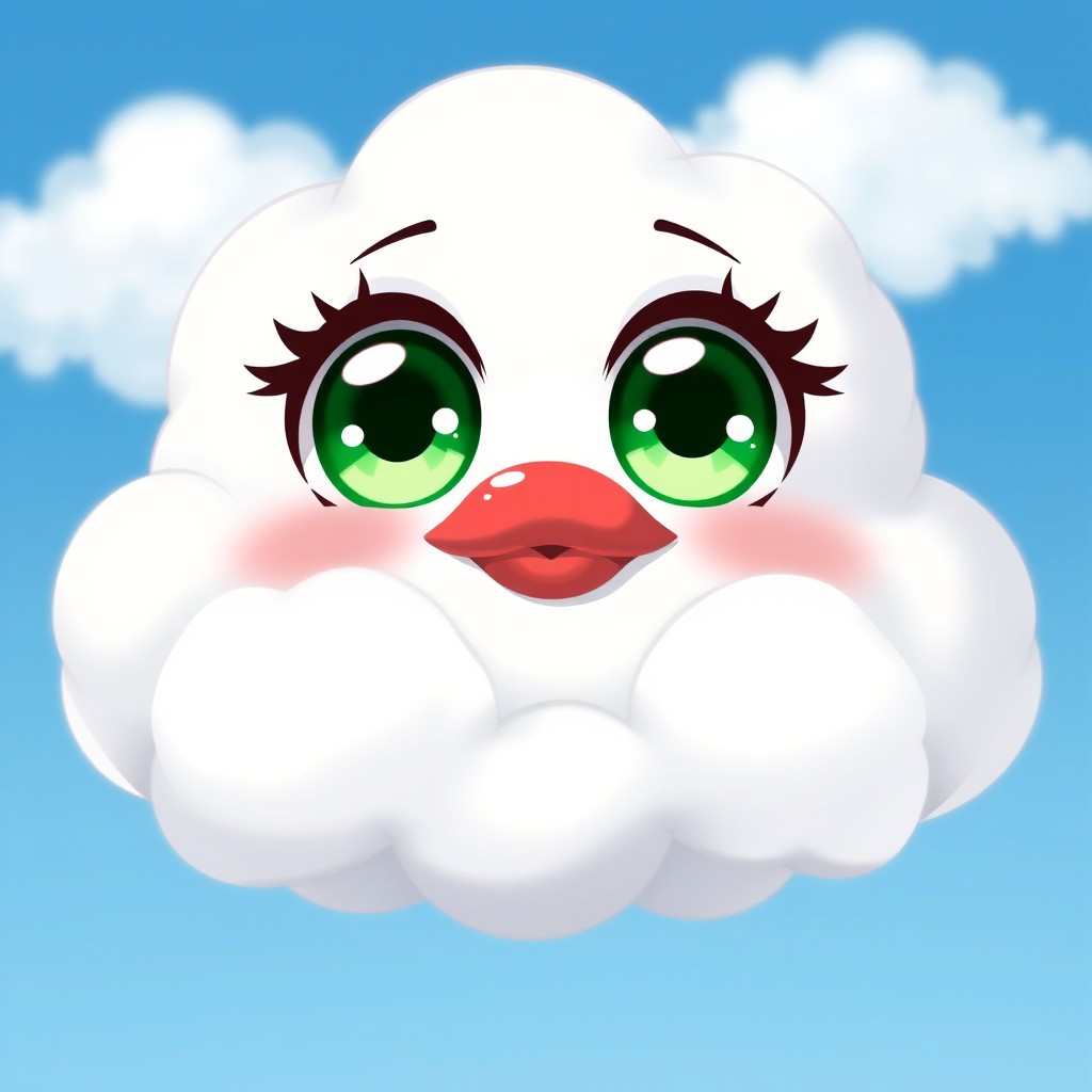 A whimsical anime-style cloud character with large, deep green eyes that shine brightly