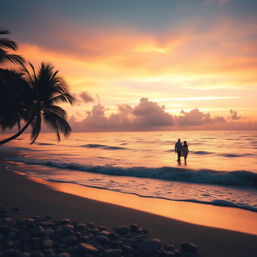 A breathtaking panoramic view of a tranquil beach at sunset, showcasing soft waves lapping against the shore