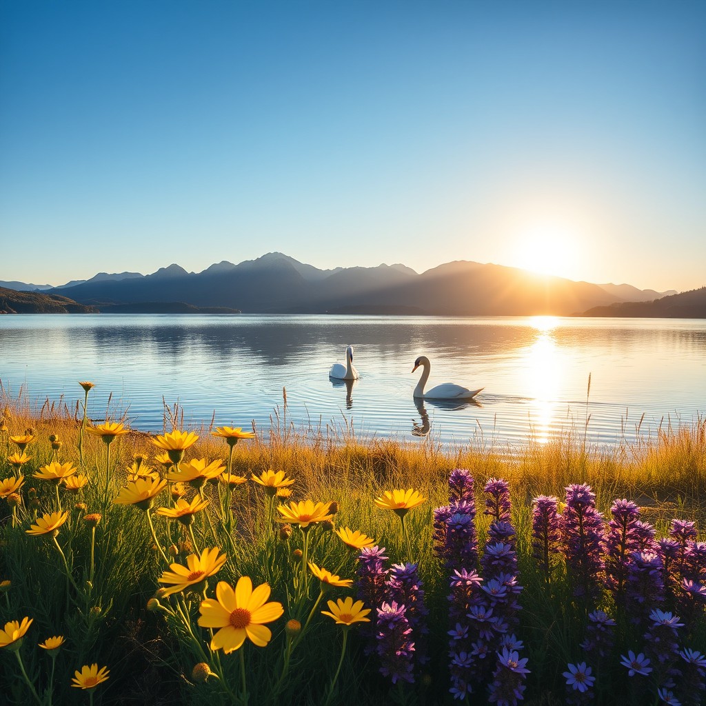 A serene landscape featuring a calm lake surrounded by mountains under a clear blue sky
