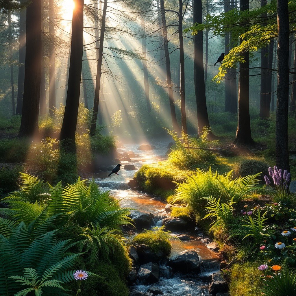 A serene forest scene at dawn with sunlight filtering through the trees, casting dappled light on the forest floor