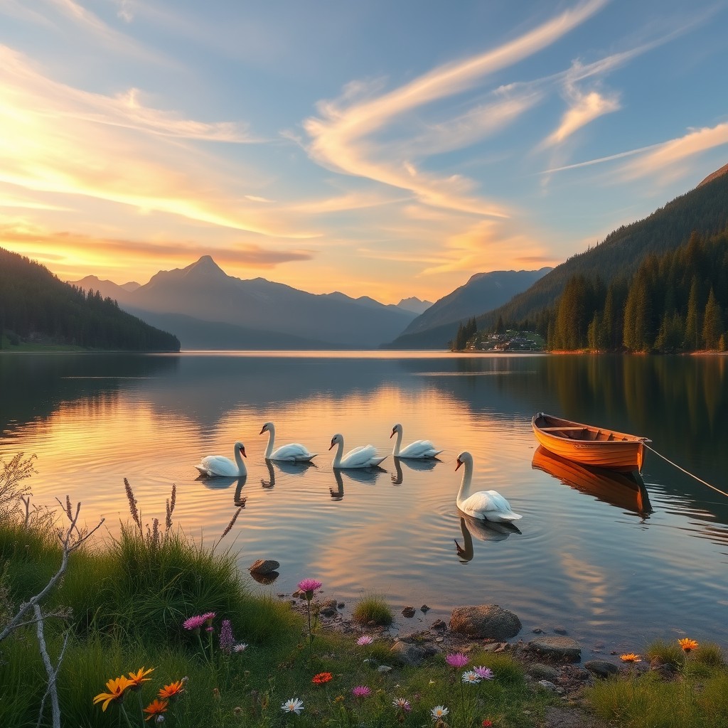 A tranquil landscape featuring a serene lake surrounded by lush green forests and majestic mountains in the background