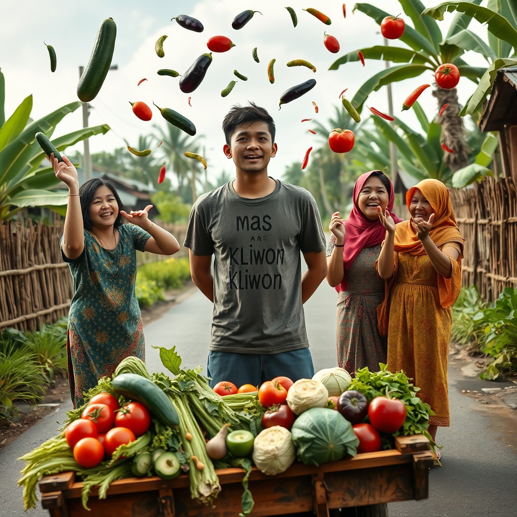 A vibrant village scene depicting a young man wearing a torn T-shirt with the words "mas kliwon" written on it, standing dumbfounded in the middle of a lively village road