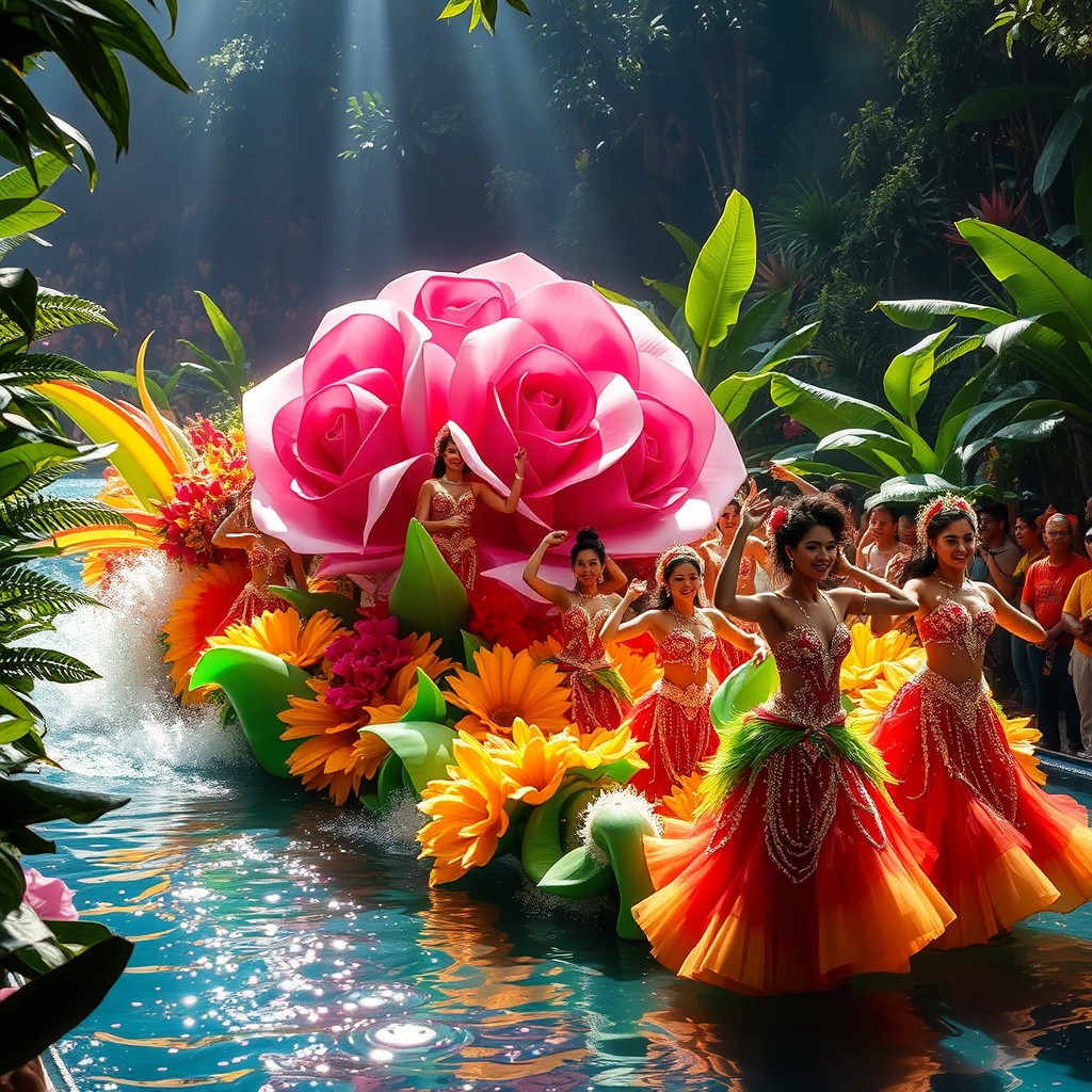 Uma cena vibrante e colorida de carnaval, apresentando um grande carro alegórico inspirado nas águas encantadas da Amazônia, cercado por uma vegetação luxuosa