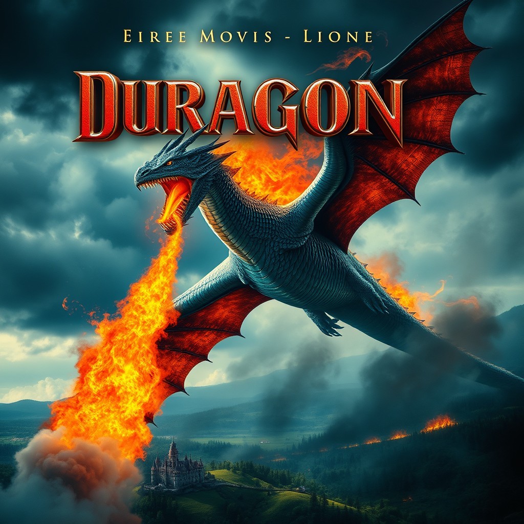 A visually stunning movie poster featuring a colossal fire-breathing dragon soaring through the sky, surrounded by dark, ominous clouds