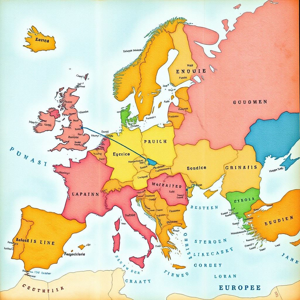 A detailed illustrated map of Europe, showcasing major countries, borders, cities, and geographical features