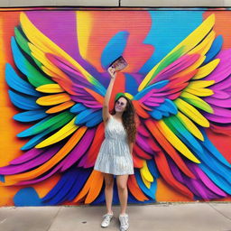 Vibrant, colorful wings mural on a wall, perfect for standing in front of and taking a selfie.