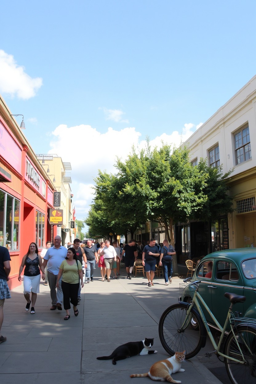 A vibrant urban street scene on a sunny day, featuring a diverse group of people walking along the sidewalk