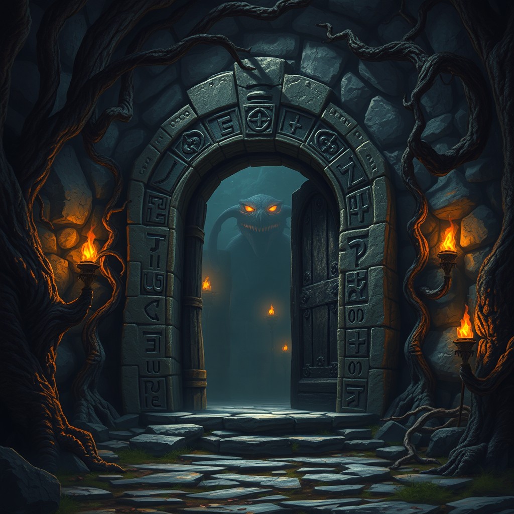 The entrance to a dark, foreboding dungeon set in a dramatic fantasy landscape