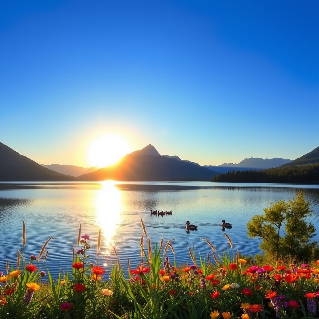 A serene landscape featuring a tranquil lake surrounded by majestic mountains under a clear blue sky