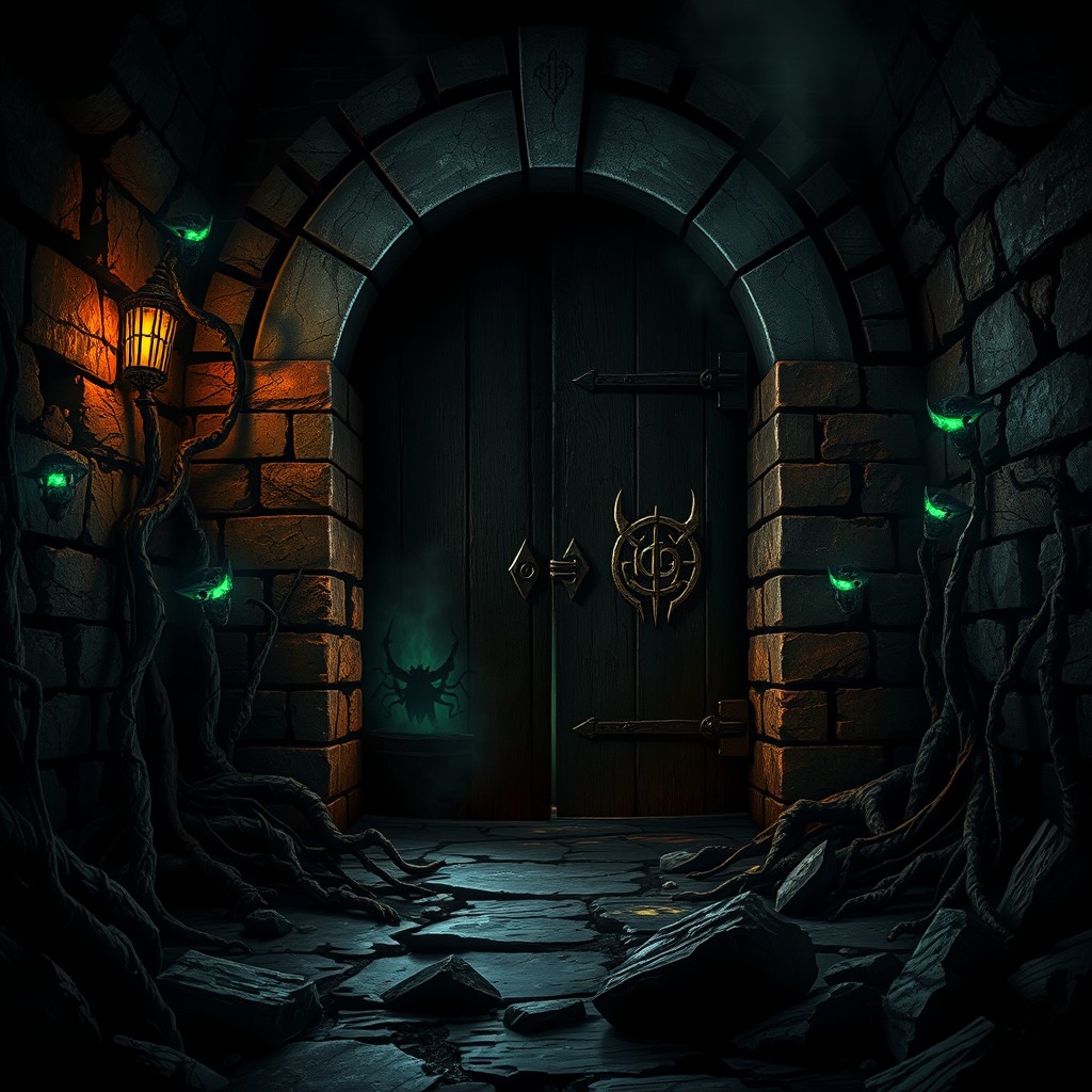 The entrance to a dungeon inspired by the dark and gritty aesthetics of Diablo 2, showcasing an eerie setting filled with sinister details