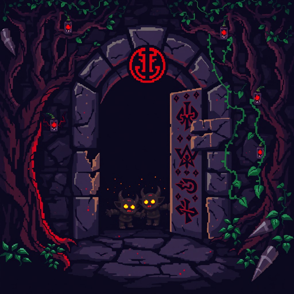 A pixel art depiction of the entrance to a dungeon inspired by Diablo 2, featuring a dark and atmospheric setting