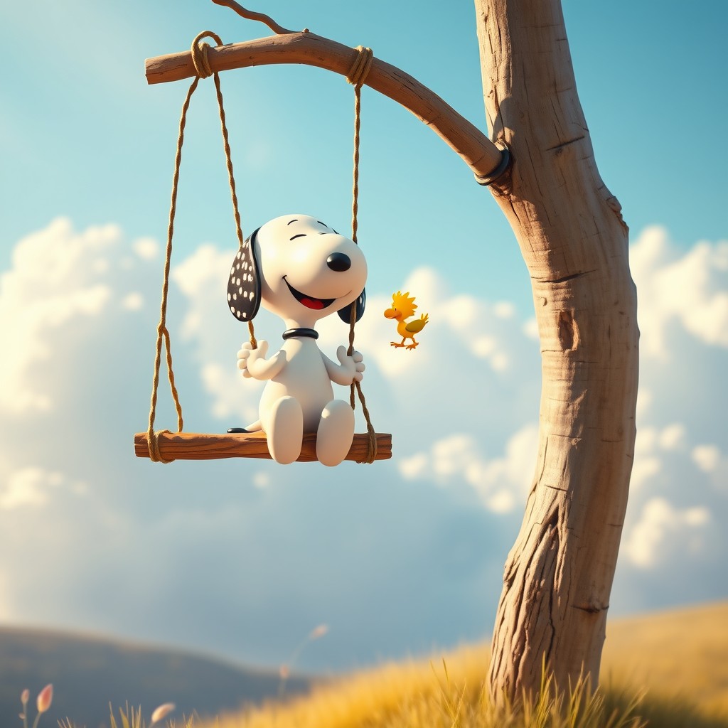 A whimsical scene featuring Snoopy on a swing hanging in mid-air, floating above a serene landscape