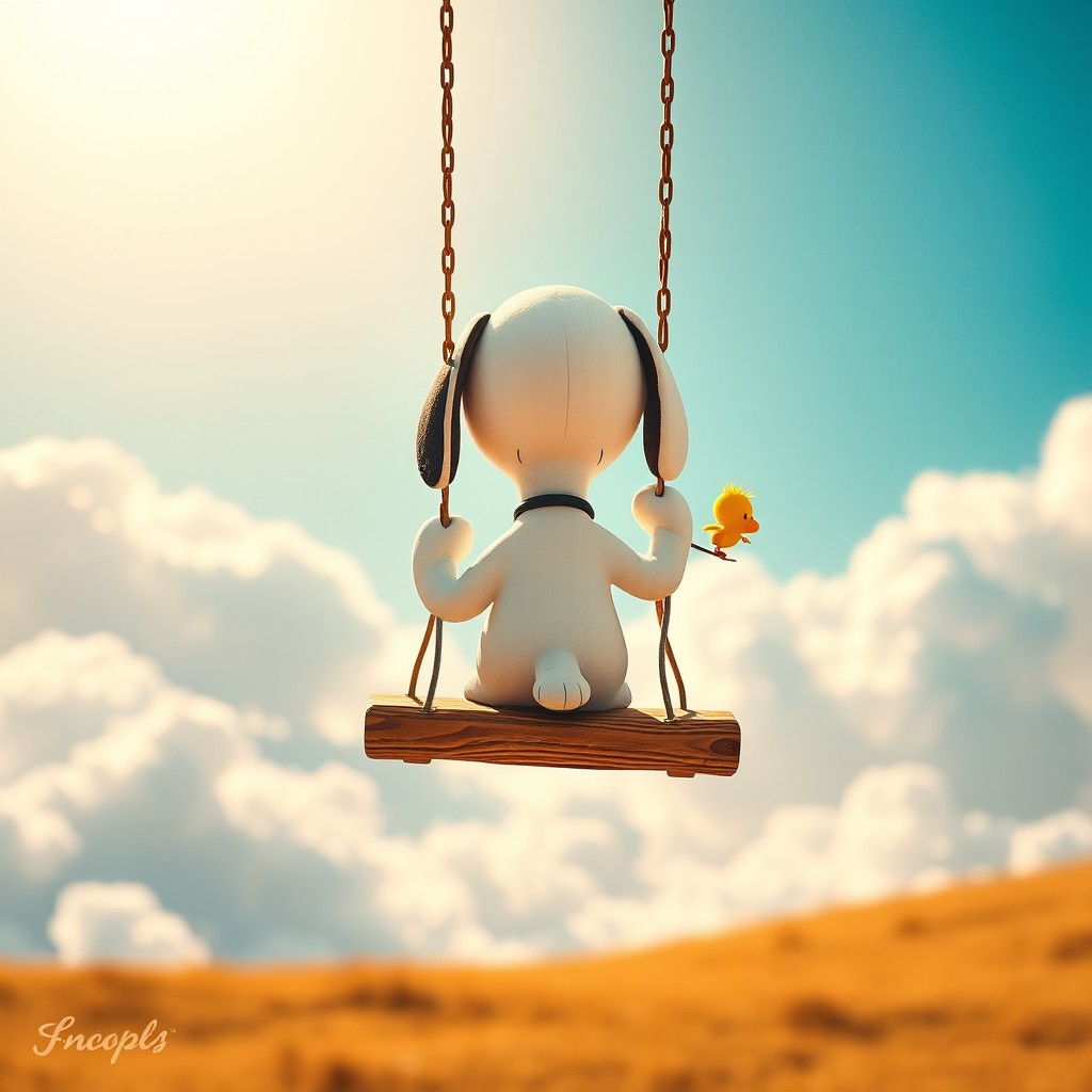A whimsical scene featuring Snoopy on a swing hanging in mid-air, viewed from behind