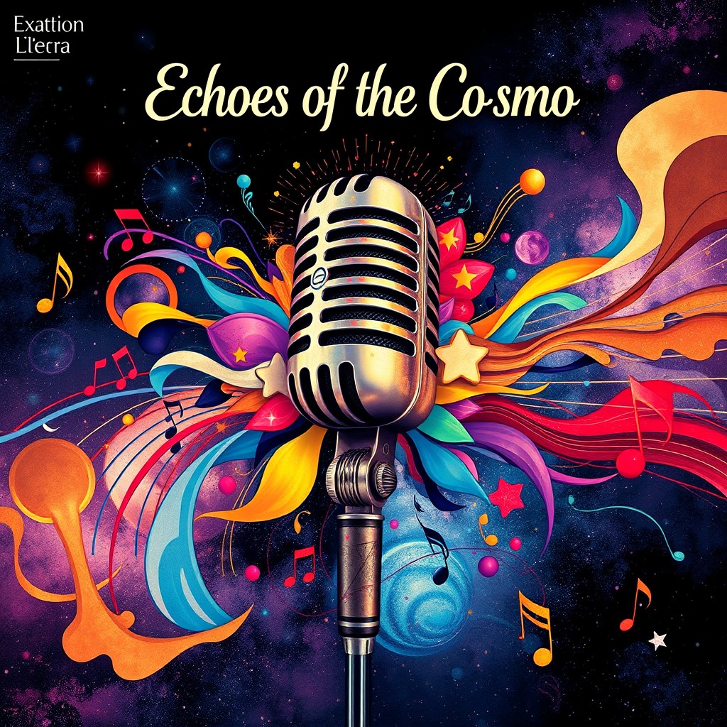 A vibrant and artistic music album cover featuring an explosion of colorful abstract shapes and musical notes