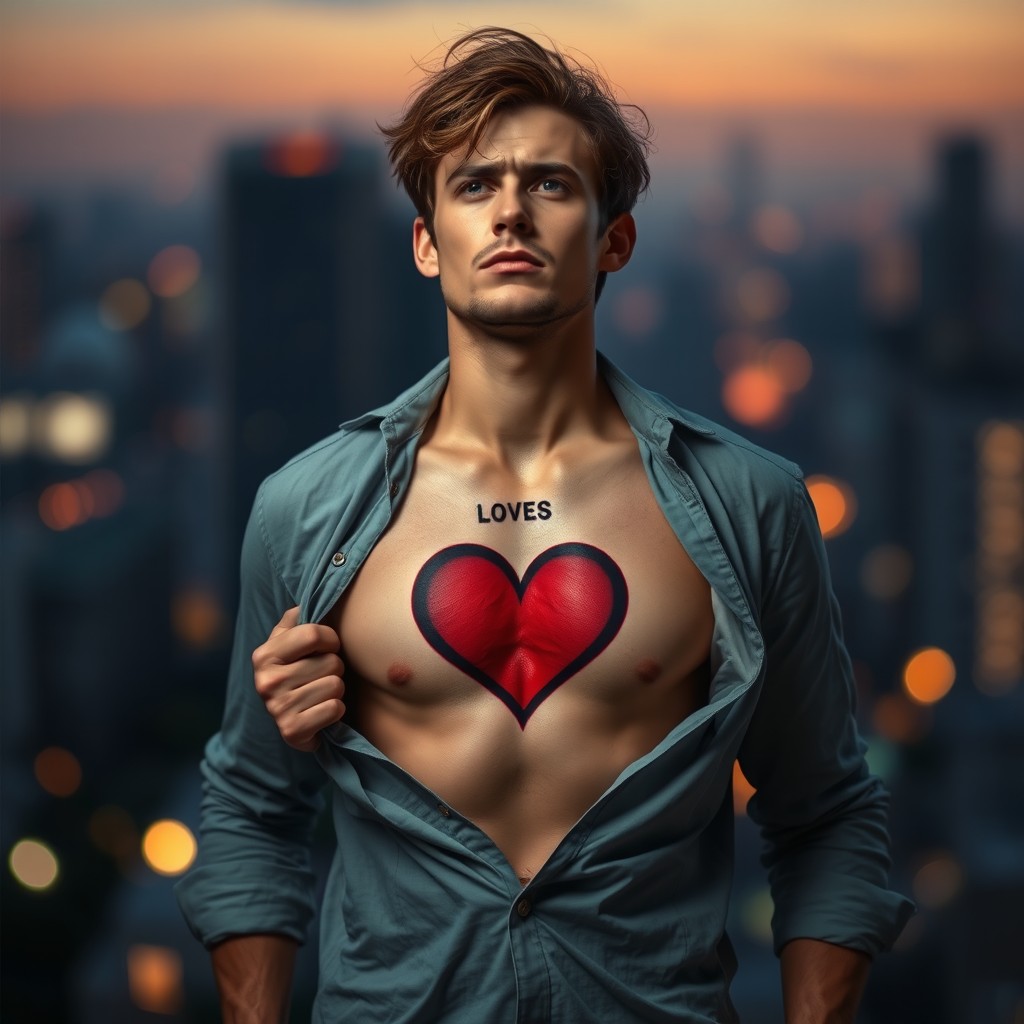 A man standing with his shirt open, revealing a wounded heart symbol on his chest, expressing deep emotional pain from love lost