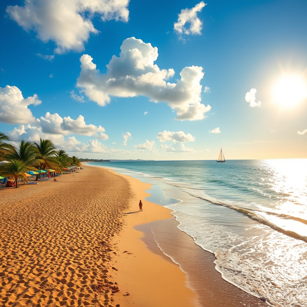 A serene and beautiful beach scene featuring golden sand, gentle waves lapping at the shore, and a clear blue sky dotted with fluffy white clouds