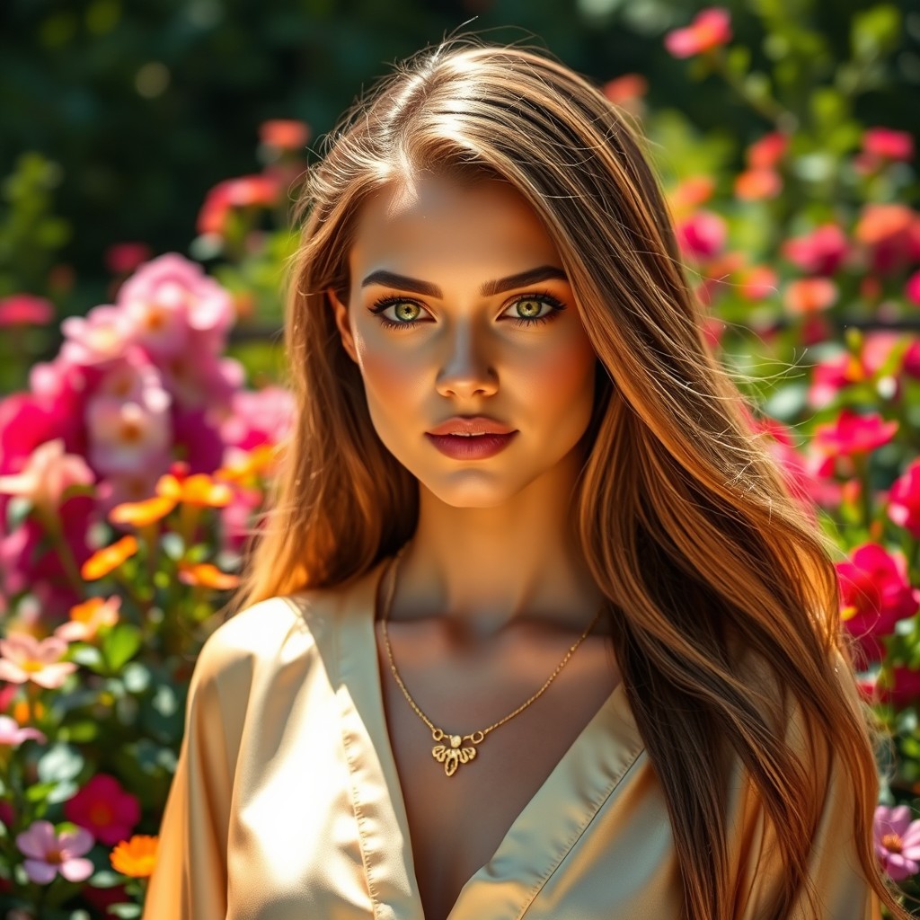 A stunning high-resolution portrait of a beautiful woman with long flowing hair, adorned in elegant silk clothing, standing in a lush garden filled with colorful flowers under bright sunlight