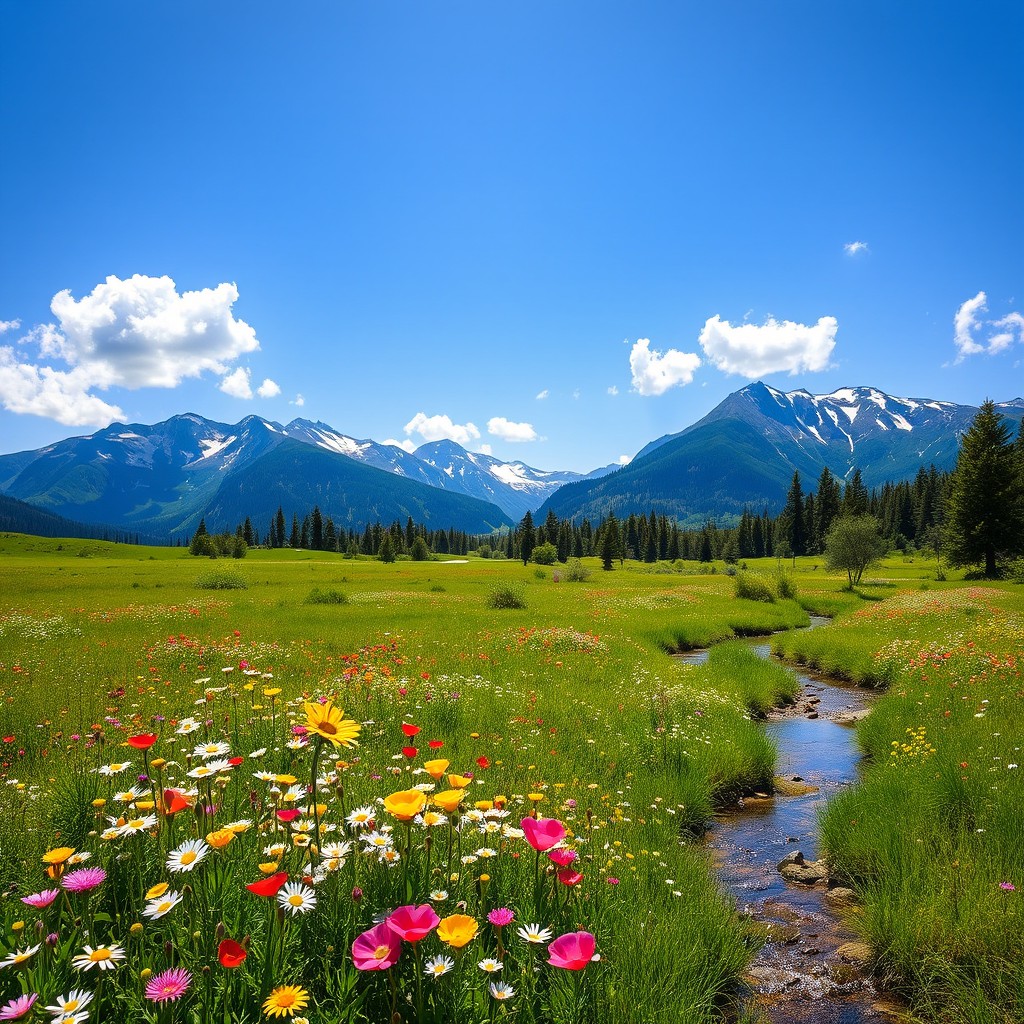 A serene landscape featuring a lush green meadow under a bright blue sky with a few fluffy white clouds