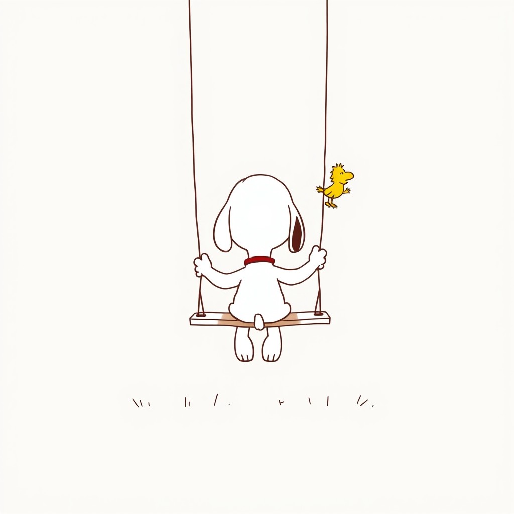 A minimalist and delicate design featuring Snoopy on a swing, viewed from behind