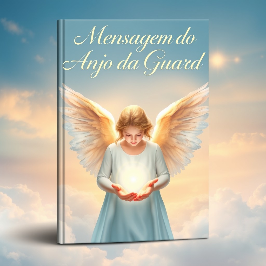 A stunning book cover design titled "Mensagem do Anjo da Guarda" featuring a serene and ethereal angel figure gently cradling a glowing light in the palm of their hand, symbolizing divine protection and guidance