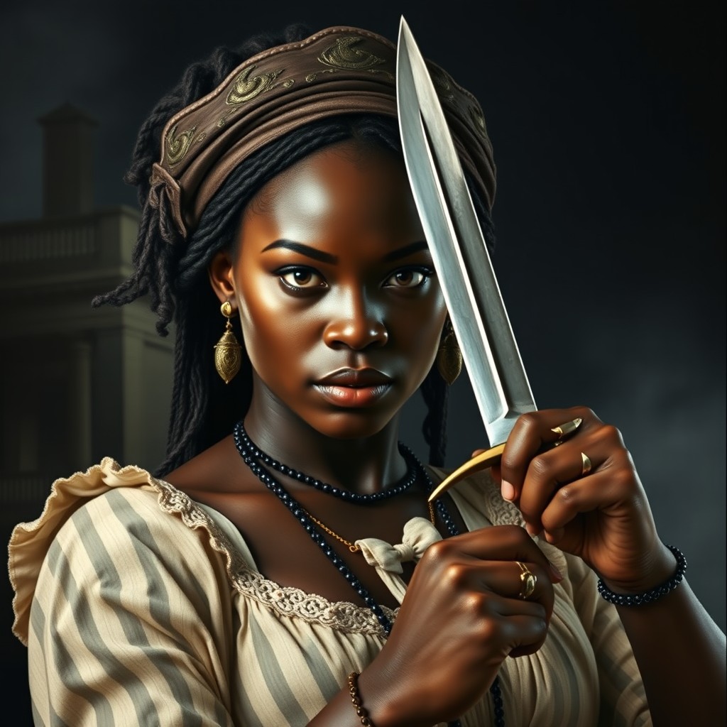 A powerful depiction of a strong Black woman dressed in historical attire, representing resilience and strength