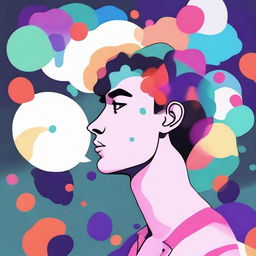 A creative and vivid animation of a person deep in thought, with thought bubbles presenting abstract imagery.