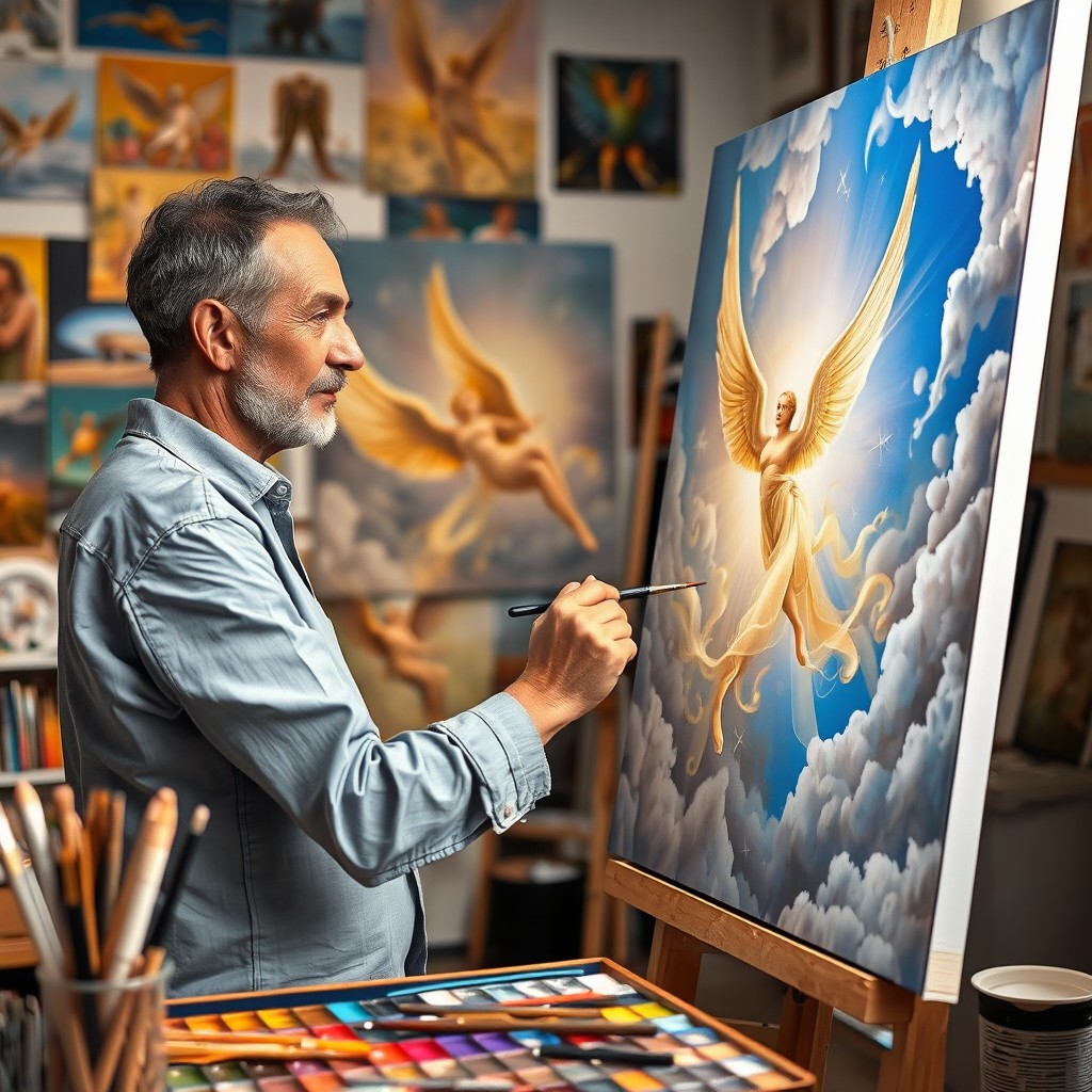A skilled painter immersed in the process of creating beautiful golden angels on a large canvas