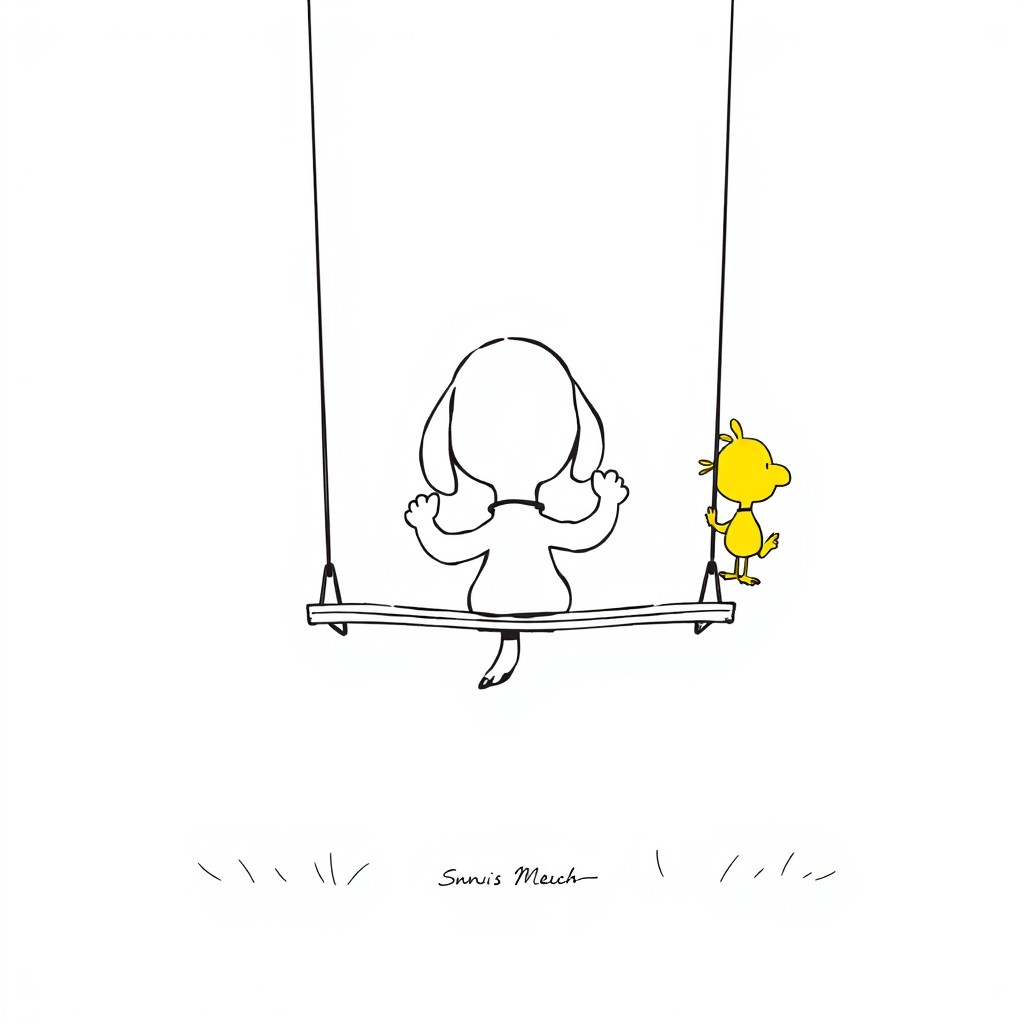 A minimalist and delicate illustration featuring Snoopy on a swing, viewed from behind