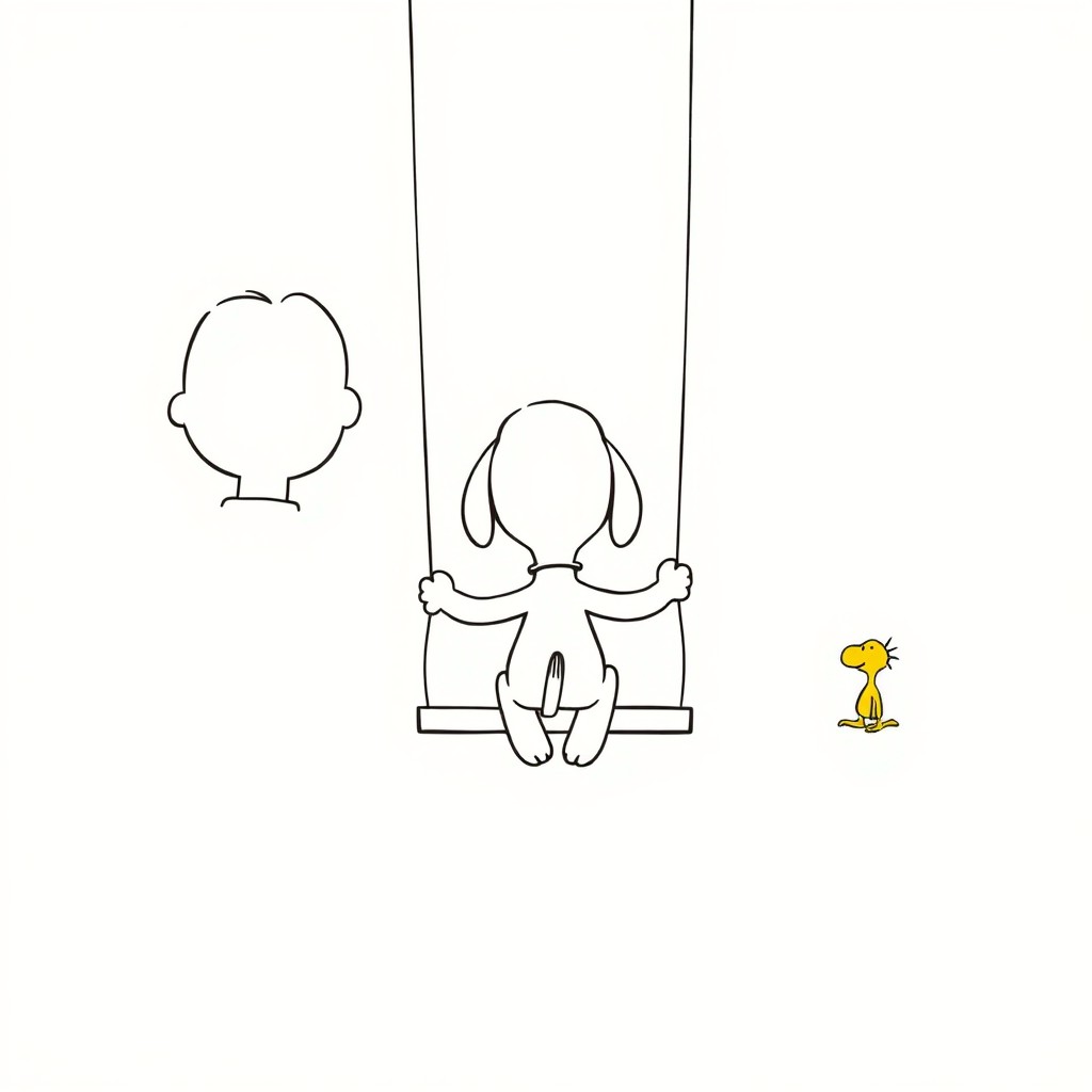 A minimalist design featuring Snoopy on a swing, viewed from behind