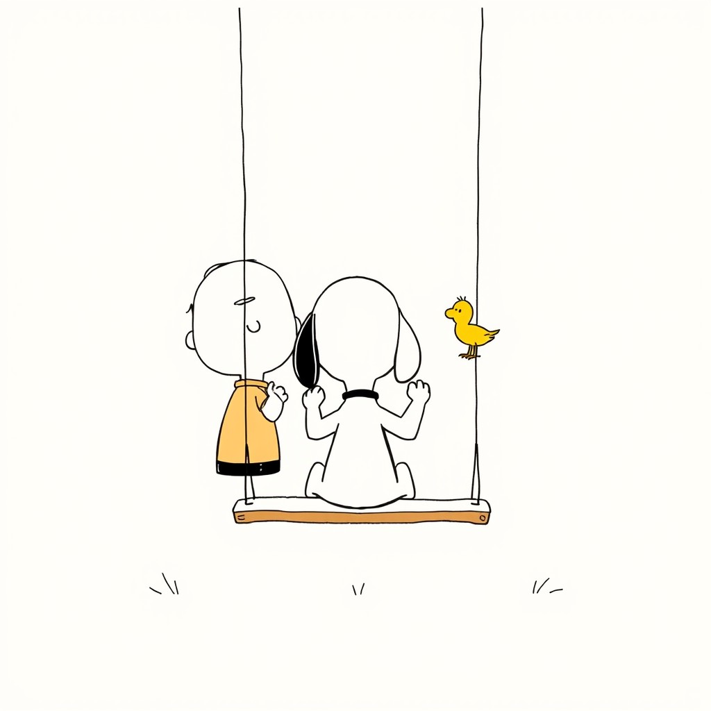 A minimalist and delicate illustration featuring Snoopy on a swing, viewed from behind