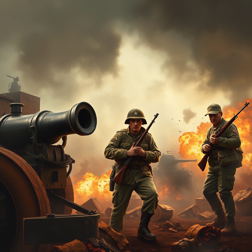 A dramatic scene depicting an artilleryman and a soldier in the midst of a fierce battlefield