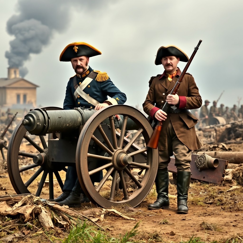 A gripping scene portraying a colonial artilleryman and a soldier amidst a battlefield, characterized by a colonial aesthetic